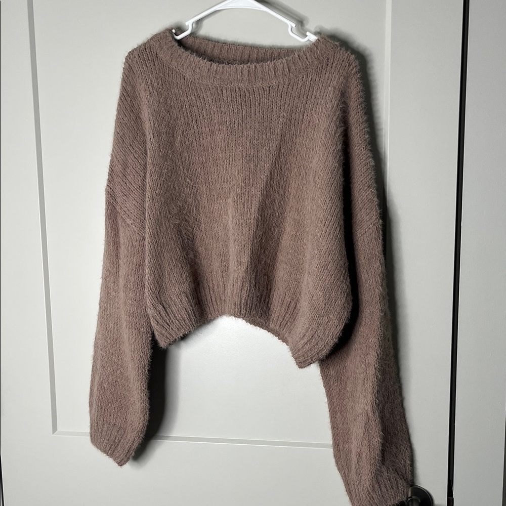 Love Tree Brown Fuzzy Cropped Sweater - Women